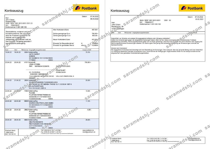 Germany Postbank statement 2 pages